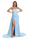 Modern Spaghetti Straps Long Mermaid Satin Maxi Party Prom Dresses With Slit Sale