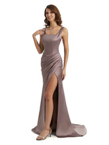 Elegant Square Straps Mermaid Unique Satin Long Maxi Bridesmaid Dress For Wedding