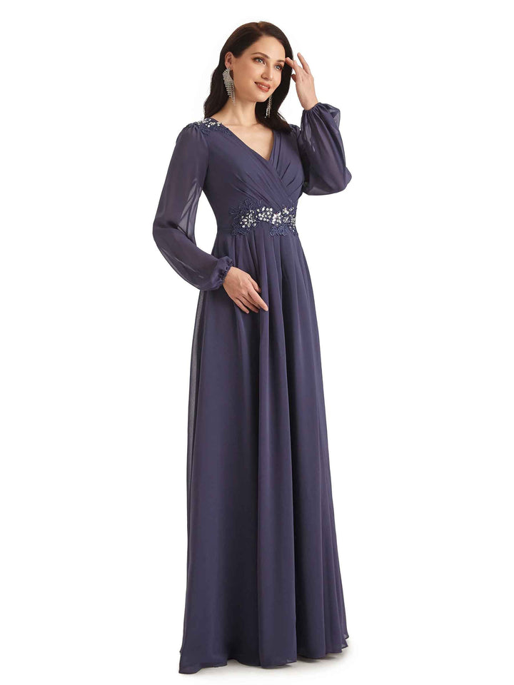 Modern Chiffon Long Sleeves V-neck Long Mother of The Bride Dresses