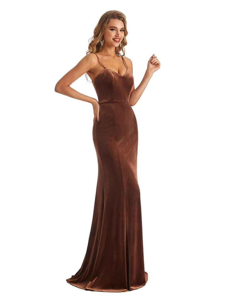 Elegant V-Neck Mermaid Spaghetti Straps Velvet Formal Long Wedding Guest Dresses