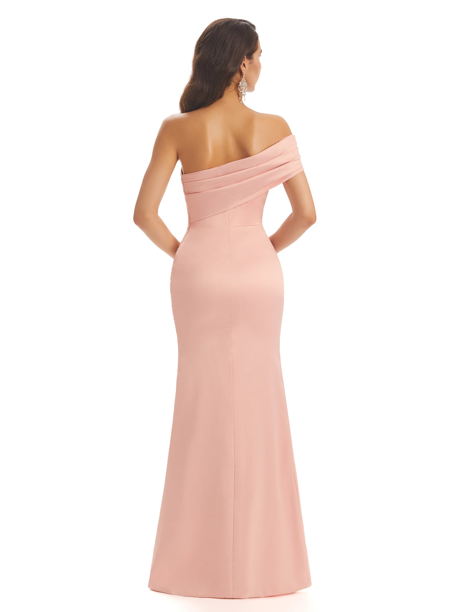 Soft Satin Sexy Side Slit One Shoulder Long Mermaid Bridesmaid Dresses Online