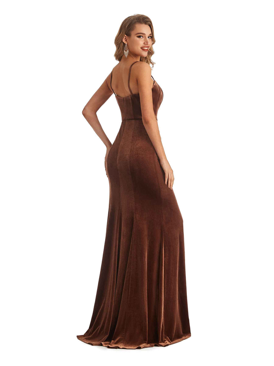 Elegant V-Neck Mermaid Spaghetti Straps Velvet Long Bridesmaid Dresses
