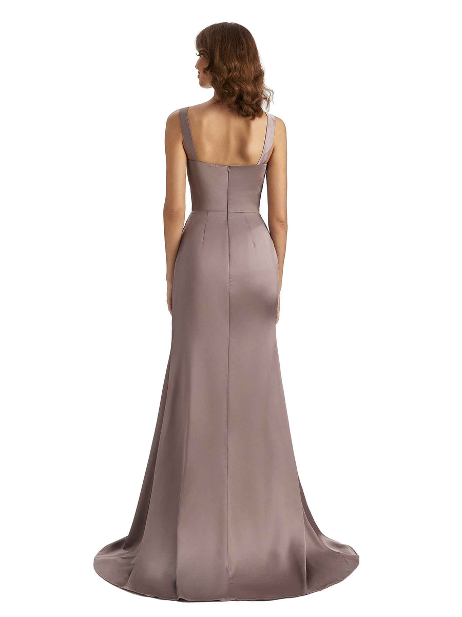Elegant Square Straps Mermaid Unique Satin Long Maxi Bridesmaid Dress For Wedding
