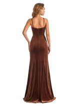Elegant V-Neck Mermaid Spaghetti Straps Velvet Formal Long Wedding Guest Dresses