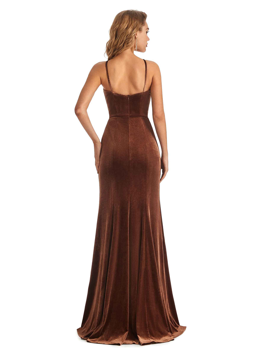 Elegant V-Neck Mermaid Spaghetti Straps Velvet Long Bridesmaid Dresses