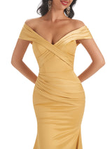 Elegant Off The Shoulder Soft Satin Mermaid Long Party Prom Dresses Sale