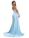 Modern Spaghetti Straps Long Mermaid Satin Maxi Party Prom Dresses With Slit Sale