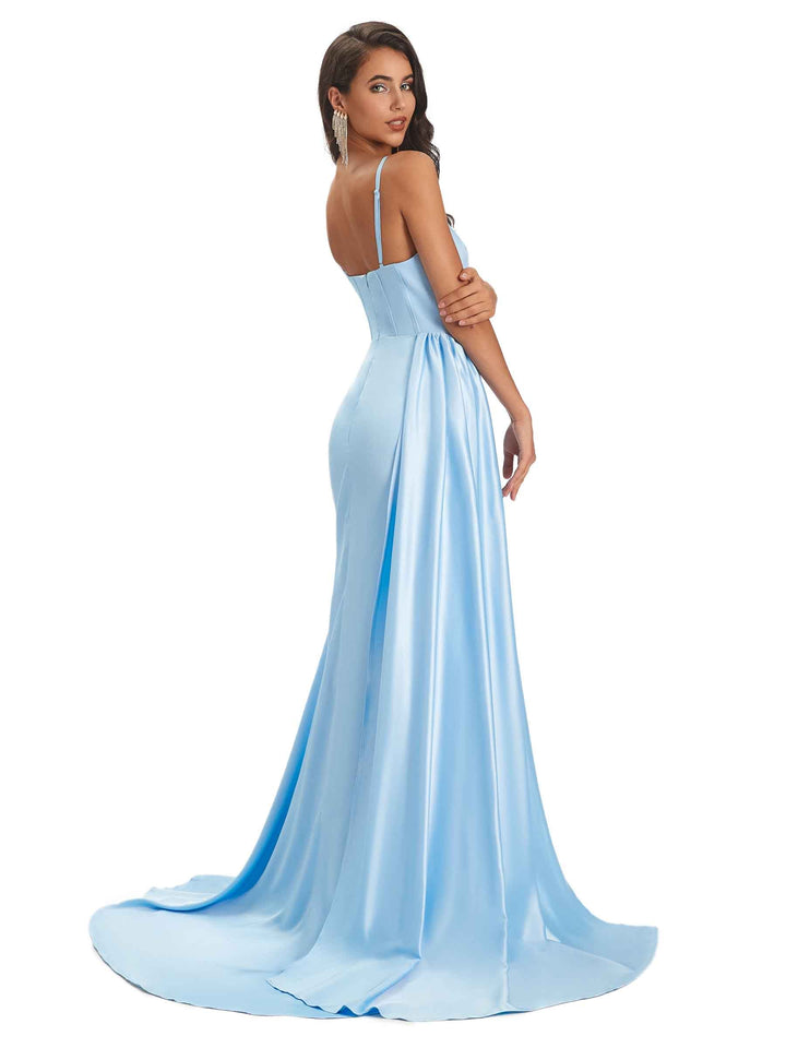 Elegant Ruched Satin Maxi Mermaid Formal Evening Dresses For Women Sexy Side Slit Spaghetti Straps