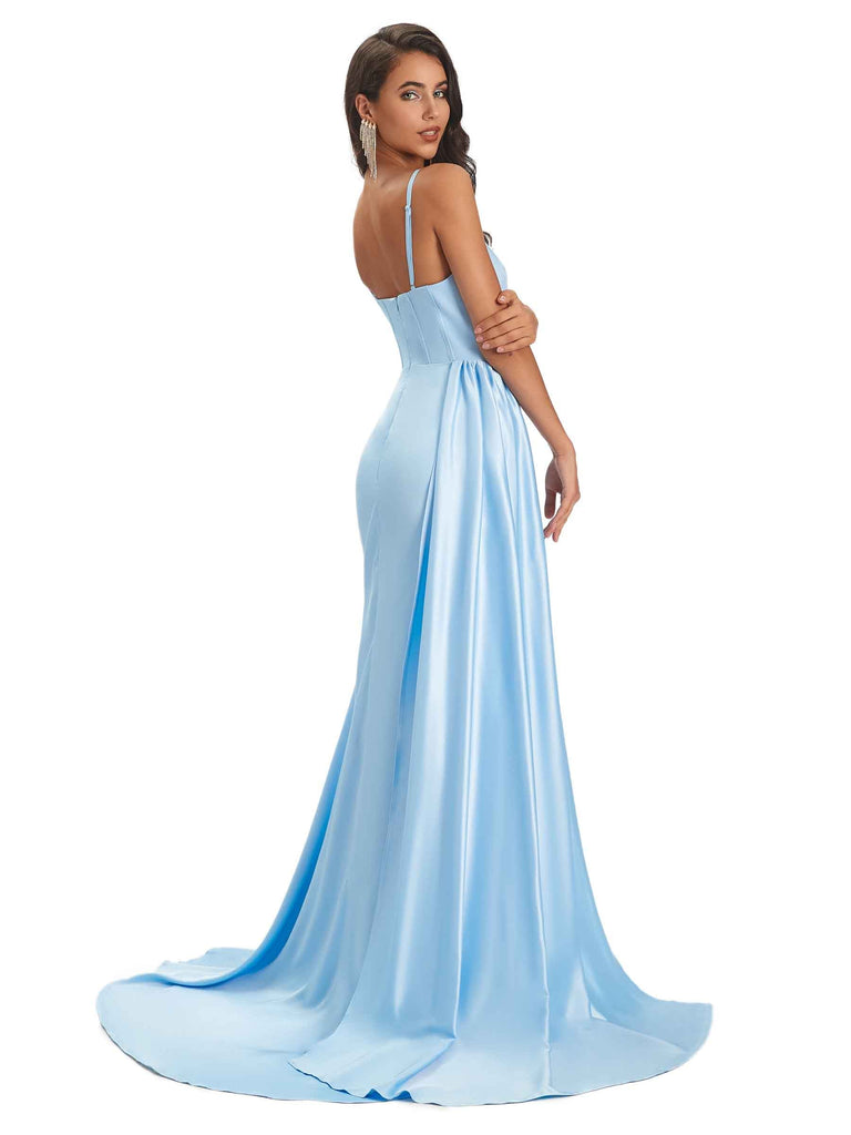 Sexy Soft Satin Side Slit Spaghetti Straps Maxi Mermaid Modern Bridesmaid Dresses Sale