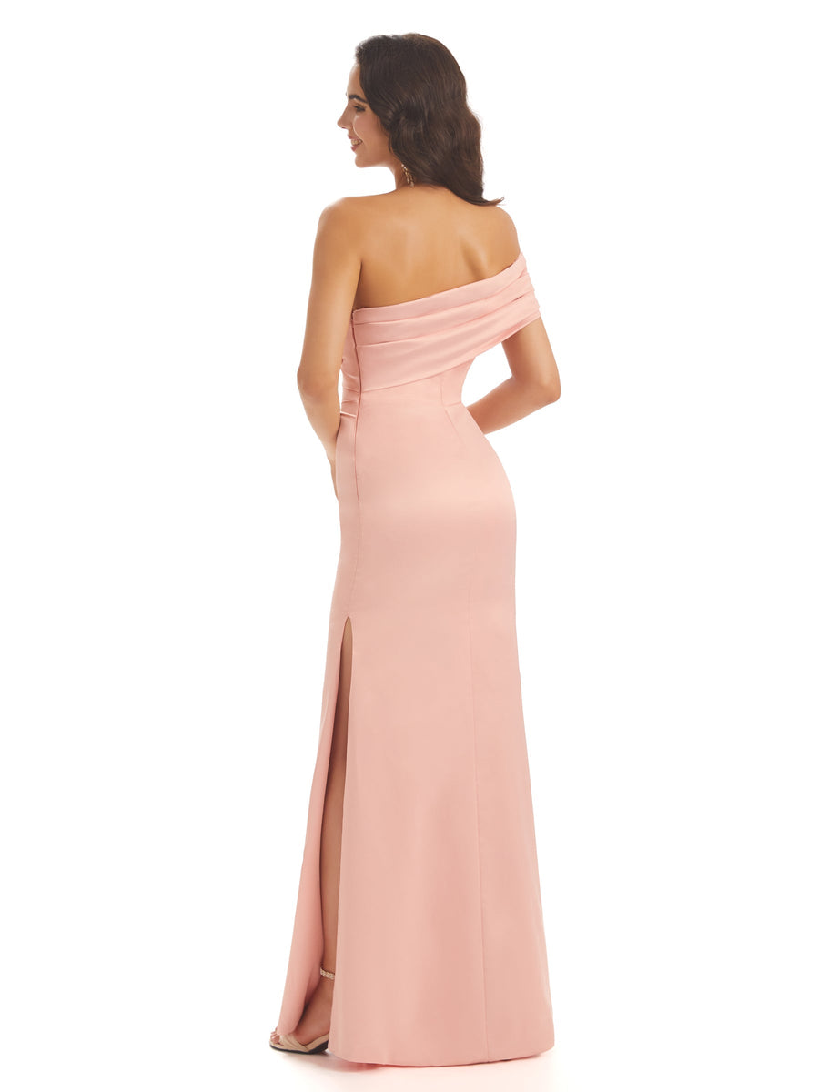 Sexy Side Slit One Shoulder Satin Maxi Mermaid Formal Prom Dresses Sale