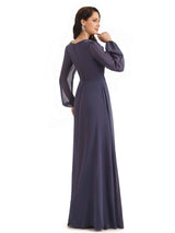 Modern Chiffon Long Sleeves V-neck Long Mother of The Bride Dresses
