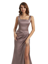 Elegant Square Straps Mermaid Unique Satin Long Maxi Bridesmaid Dress For Wedding