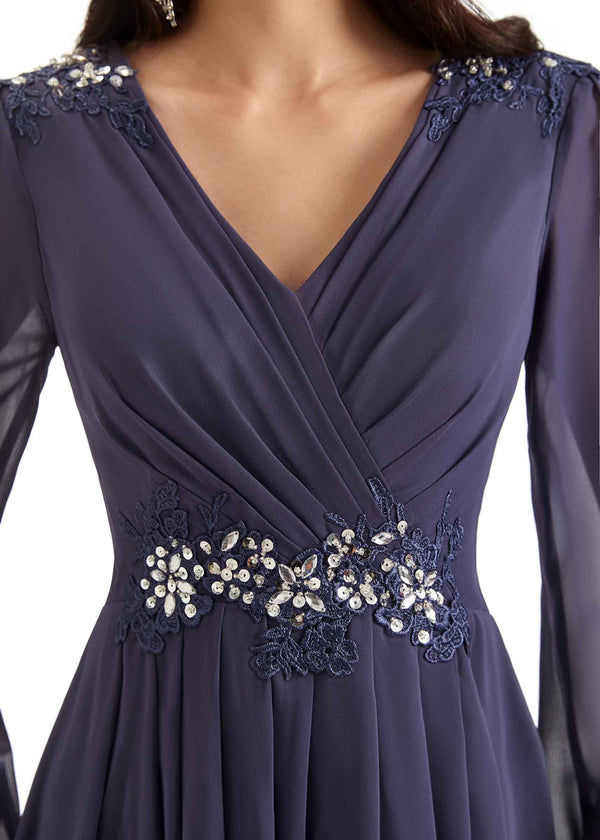 Modern Chiffon Long Sleeves V-neck Long Mother of The Bride Dresses