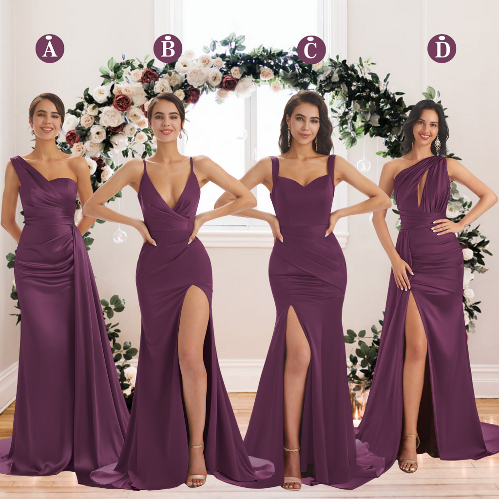 Mismatched Grape Sexy Side Slit Mermaid Soft Satin Long Bridesmaid Dresses Online