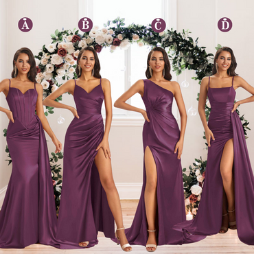 Mismatched Grape Sexy Side Slit Mermaid Soft Satin Long Bridesmaid Dresses Online
