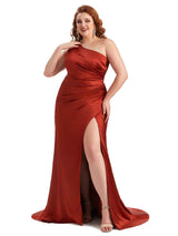Plus Size Sexy One Shoulder Side Slit Mermaid Soft Satin Long Maid of Honor Dress For Wedding