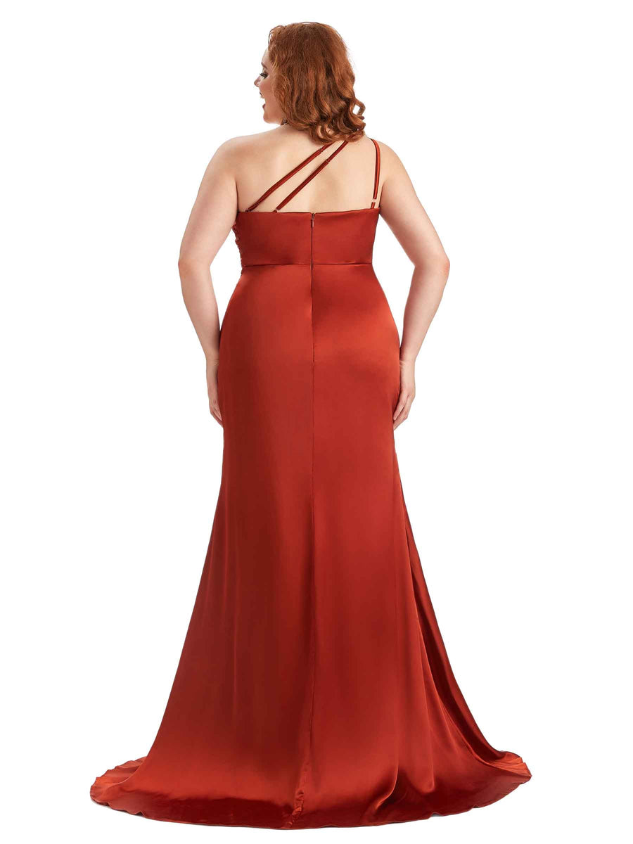 Plus Size Sexy One Shoulder Side Slit Mermaid Soft Satin Long Maid of Honor Dress For Wedding