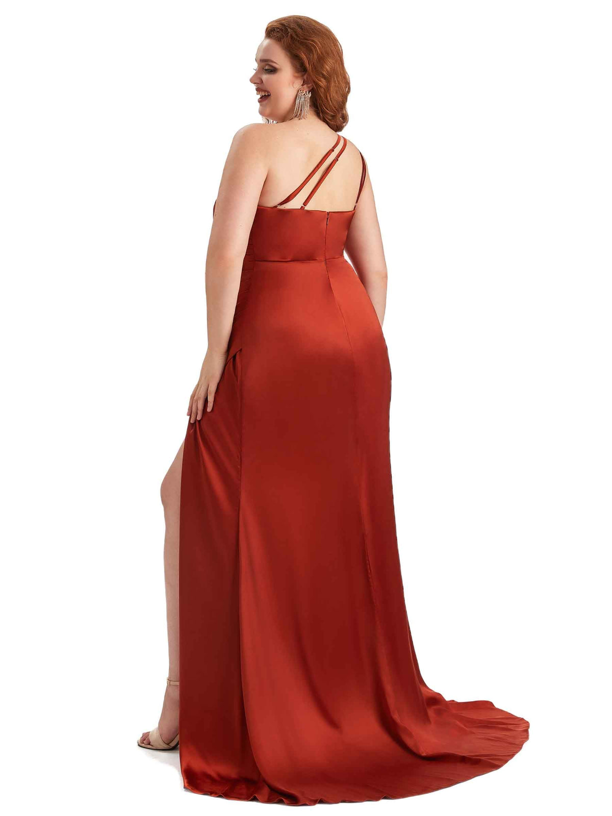Plus Size Sexy One Shoulder Side Slit Mermaid Soft Satin Long Maid of Honor Dress For Wedding