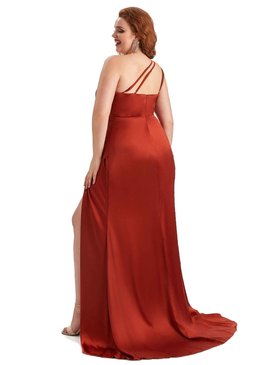 Plus Size Sexy One Shoulder Side Slit Mermaid Soft Satin Long Maid of Honor Dress For Wedding