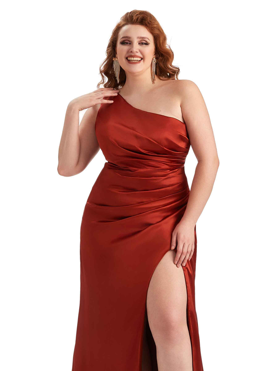 Plus Size Sexy One Shoulder Side Slit Mermaid Soft Satin Long Maid of Honor Dress For Wedding