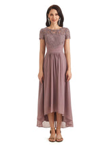 Elegant A-line Chiffon Lace Jewel Short Sleeves High Low Mother Of The Bride Dresses