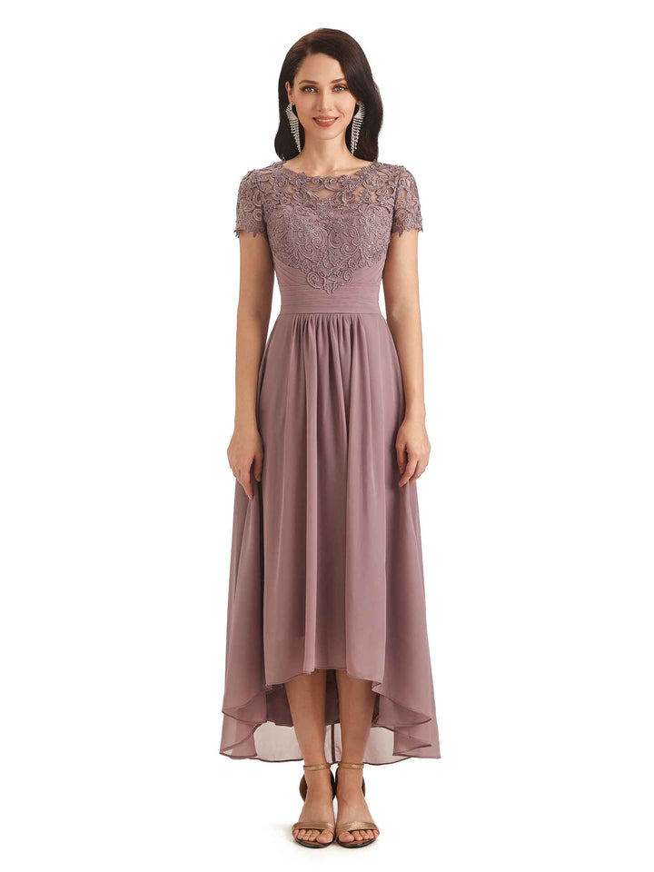 Elegant A-line Chiffon Lace Jewel Short Sleeves High Low Mother Of The Bride Dresses