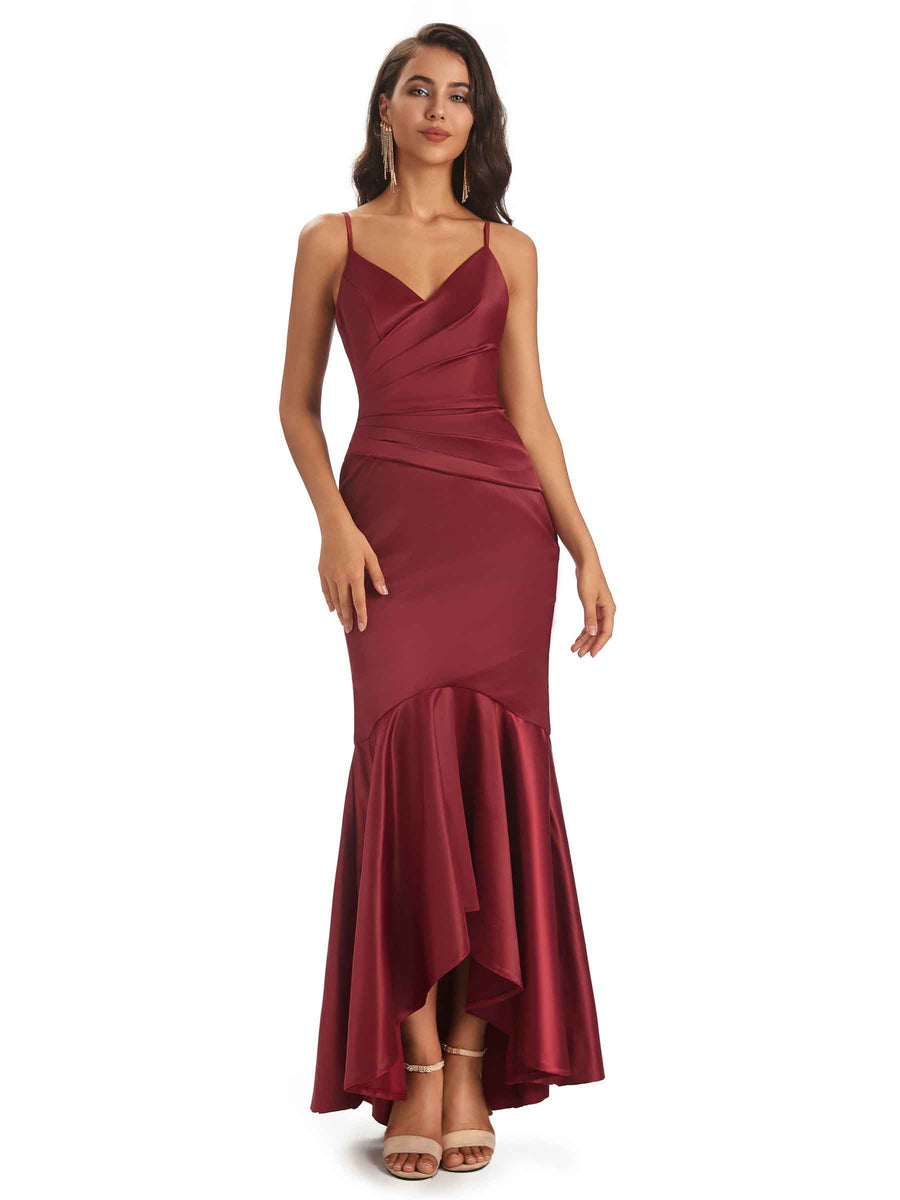 High Low Spaghetti Straps V-Neck Soft Satin Asymmetrical Prom Dresses Online