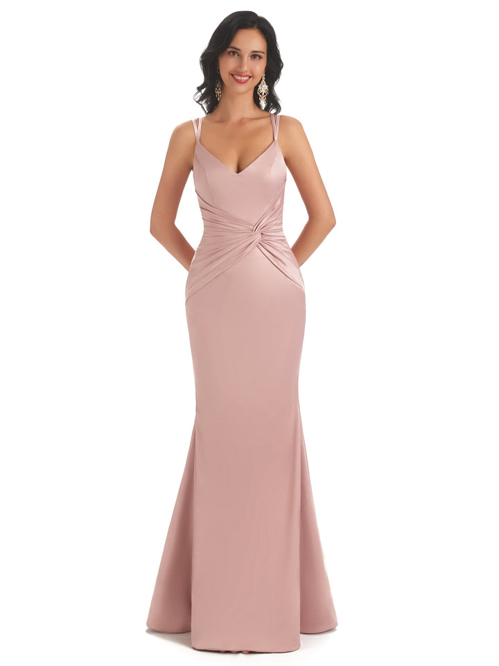 Ladies Spaghetti Straps Ruched Satin Twisted Knot Mermaid Sexy Long Formal Evening Dress