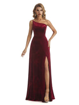 Elegant Mermaid One Shoulder Side Slit Velvet Winter Long Wedding Guest Dresses
