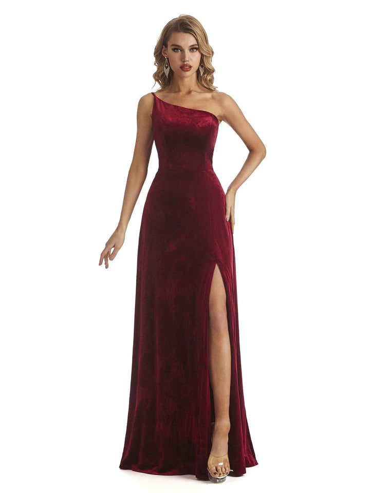 Elegant Mermaid One Shoulder Side Slit Velvet Winter Long Wedding Guest Dresses