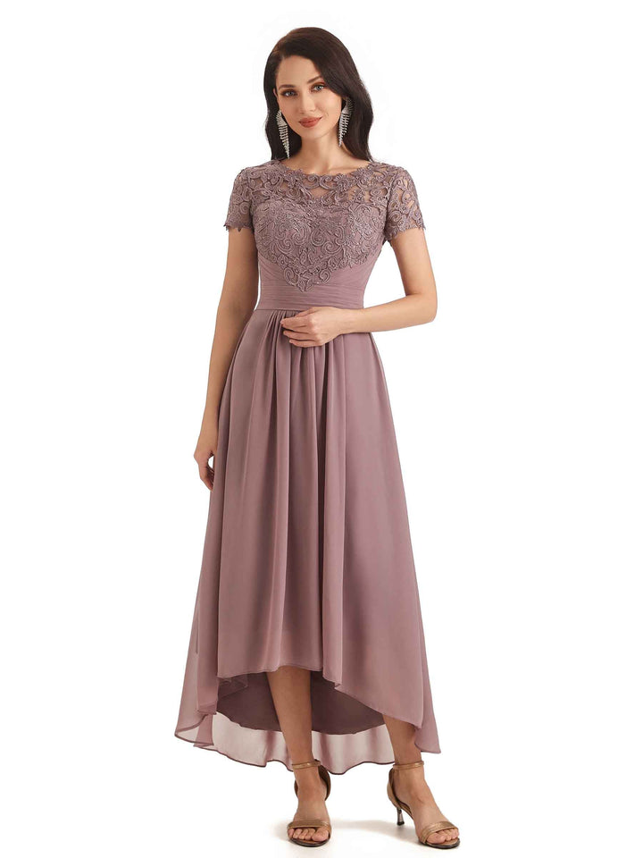 Elegant A-line Chiffon Lace Jewel Short Sleeves High Low Mother Of The Bride Dresses