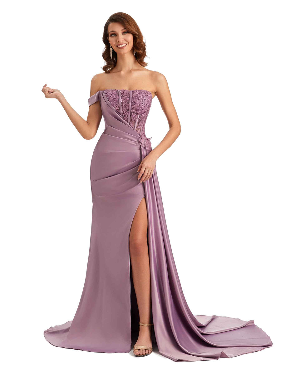 Sexy One Shoulder Lace Side Slit Mermaid Silky Satin Unique Long Bridesmaid Dresses For Wedding