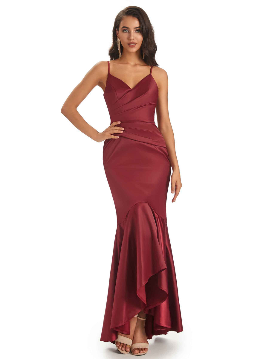 High Low Spaghetti Straps V-Neck Soft Satin Asymmetrical Fomral Prom Dresses Sale
