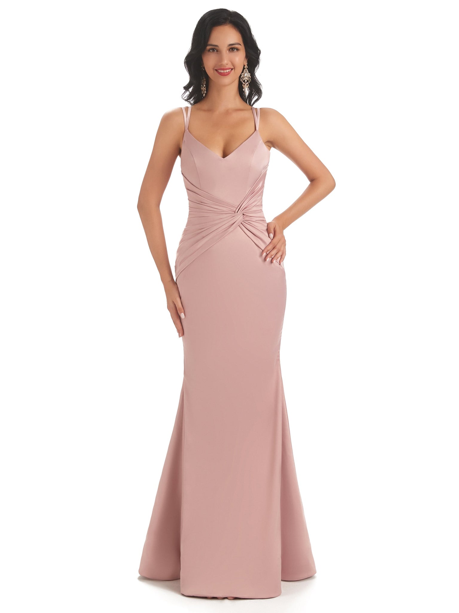 Ladies Spaghetti Straps Ruched Satin Twisted Knot Mermaid Sexy Long Formal Evening Dress
