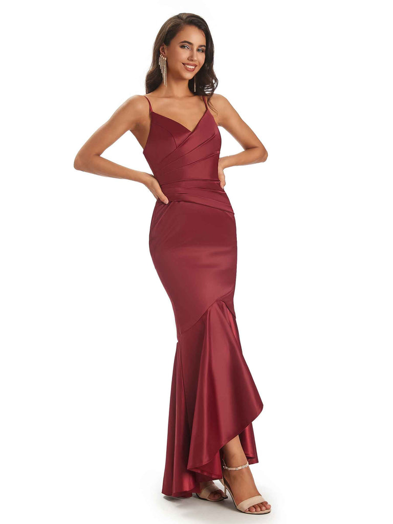High Low Spaghetti Straps V-Neck Soft Satin Asymmetrical Fomral Prom Dresses Sale