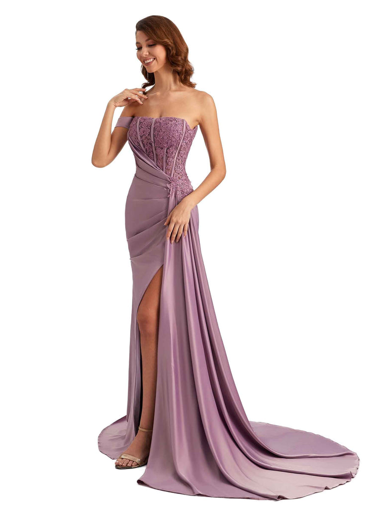 Sexy One Shoulder Lace Side Slit Mermaid Silky Satin Unique Long Bridesmaid Dresses For Wedding