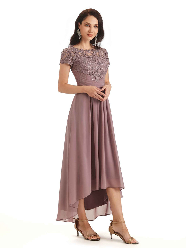 Elegant A-line Chiffon Lace Jewel Short Sleeves High Low Mother Of The Bride Dresses