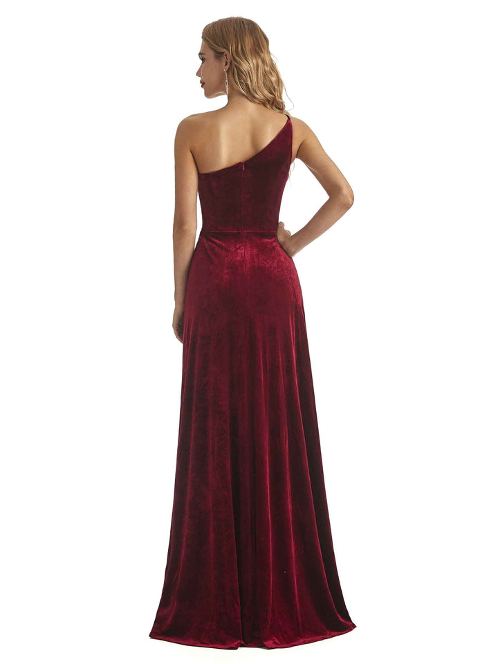 Elegant Mermaid One Shoulder Side Slit Velvet Winter Long Wedding Guest Dresses