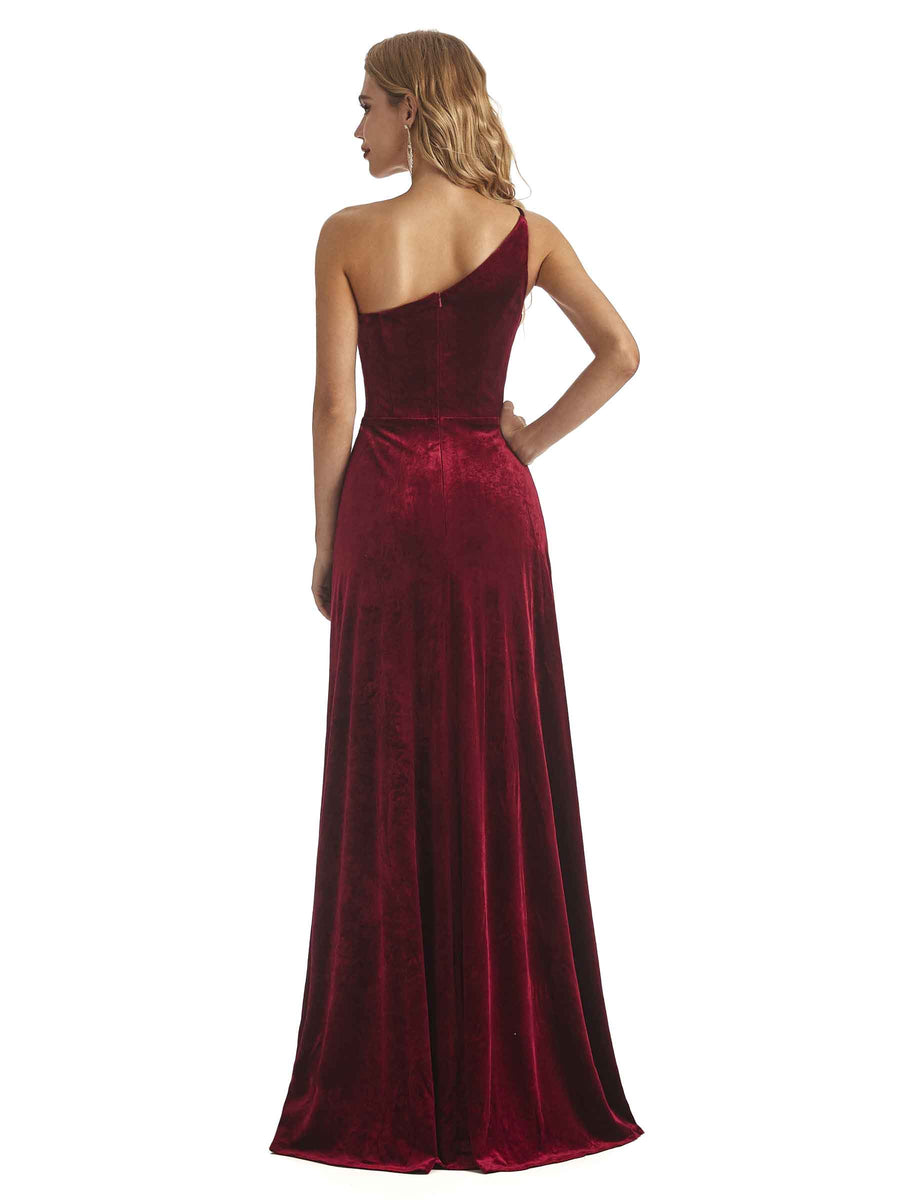 Elegant Mermaid One Shoulder Side Slit Velvet Long Bridesmaid Dresses