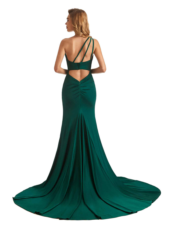 Sexy Mermaid One Shoulder Side Slit Stretchy Jersey Curve Dresses For Wedding Guest