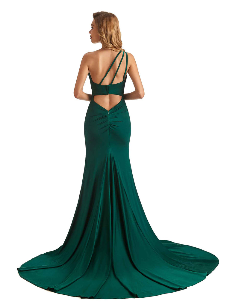 Sexy Mermaid One Shoulder Side Slit Stretchy Jersey Curve Dresses For Wedding Guest