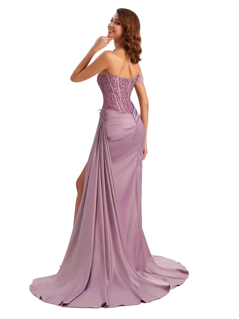 Sexy One Shoulder Lace Side Slit Mermaid Silky Satin Unique Long Bridesmaid Dresses For Wedding