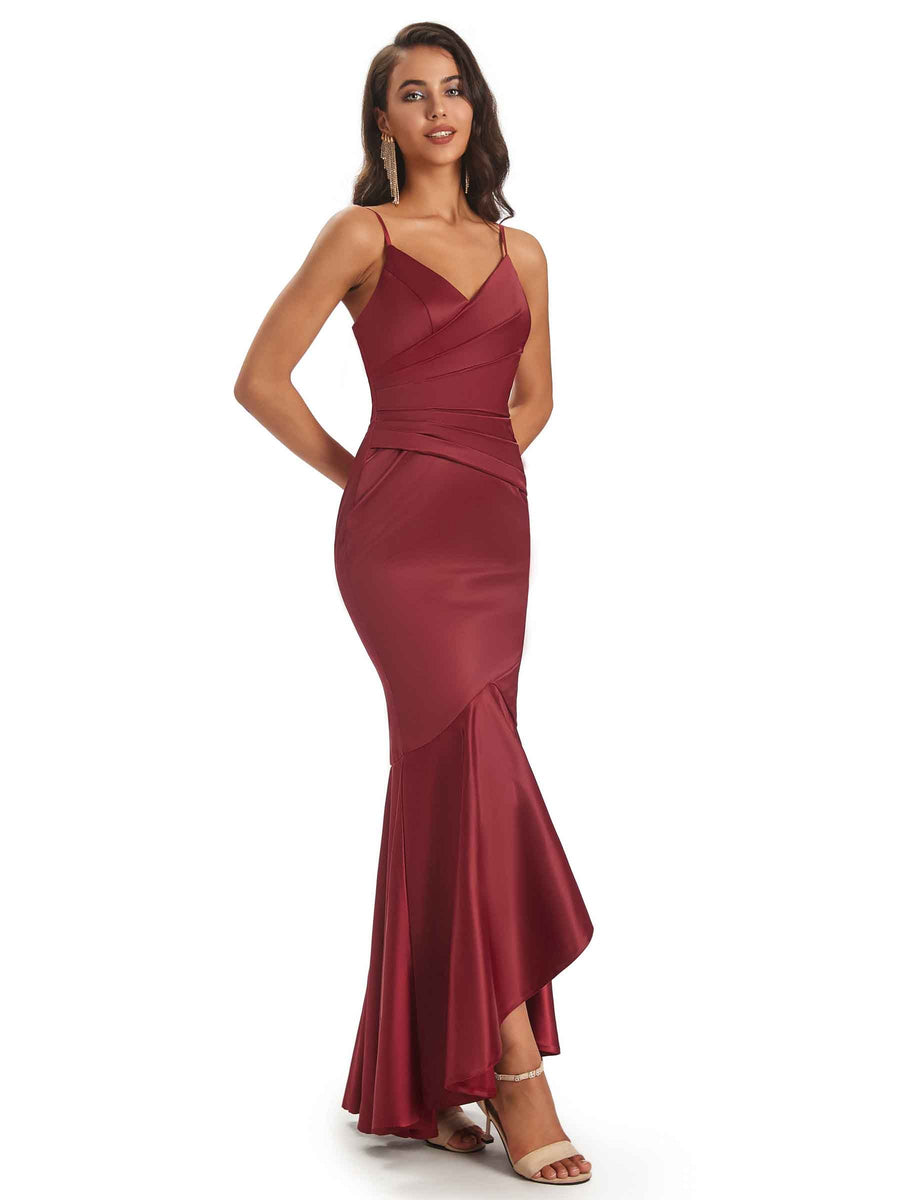 High Low Spaghetti Straps V-Neck Soft Satin Asymmetrical Prom Dresses Online