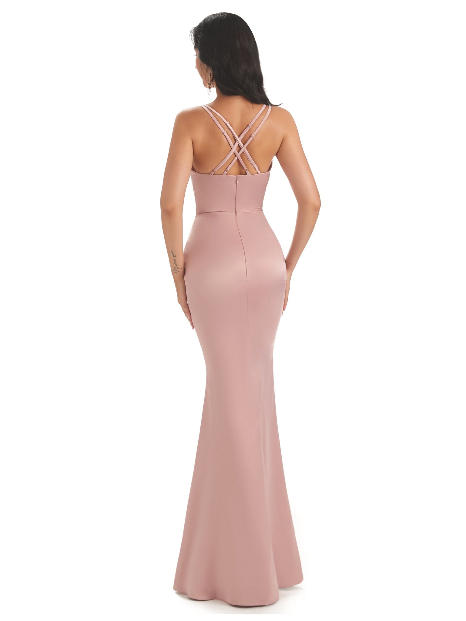 Ladies Spaghetti Straps Ruched Satin Twisted Knot Mermaid Sexy Long Formal Evening Dress