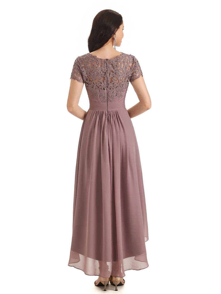 Elegant A-line Chiffon Lace Jewel Short Sleeves High Low Mother Of The Bride Dresses