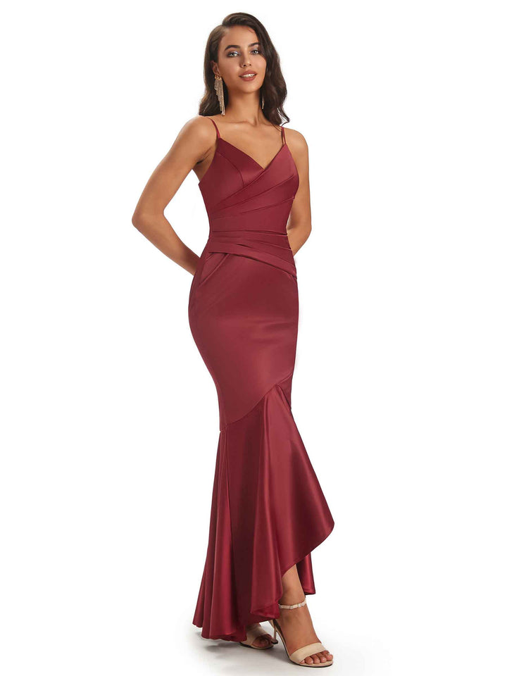 Spaghetti Straps V-Neck Soft Satin Asymmetrical High Low Bridesmaid Dresses Online
