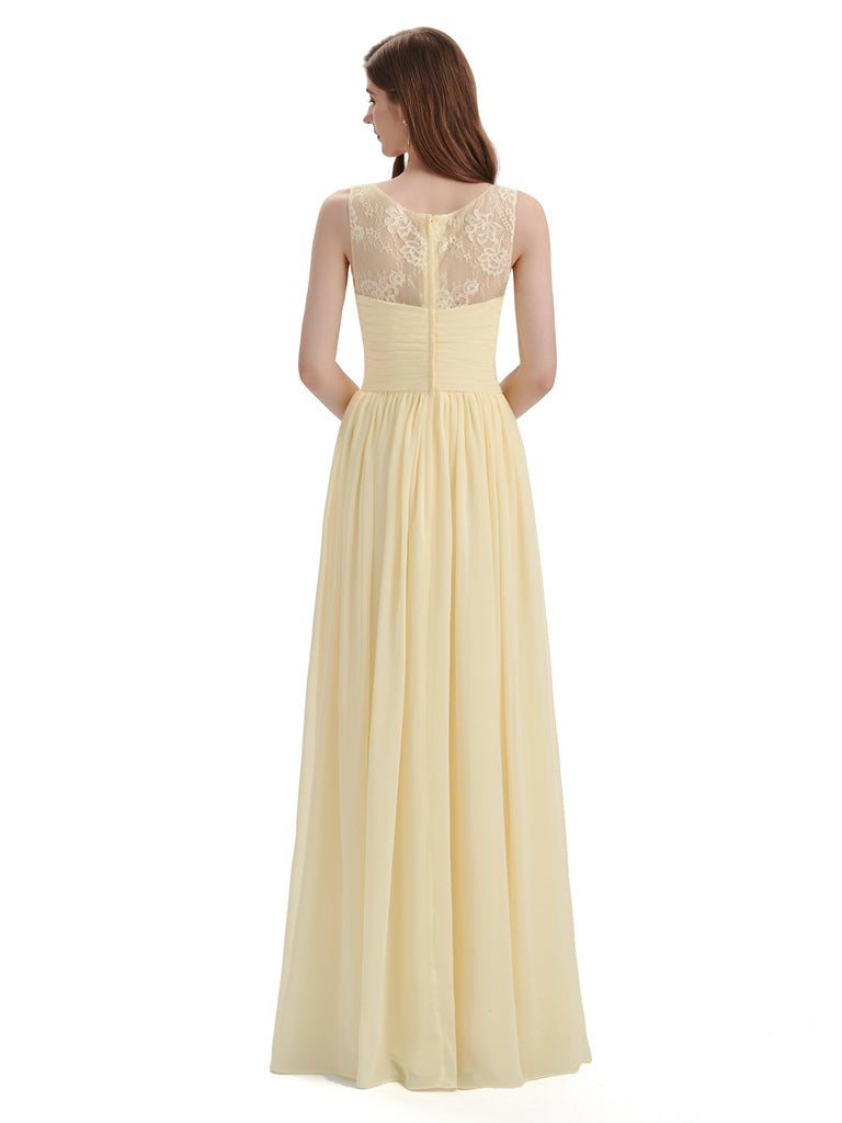 A-Line Round Neck Lace Pleats Floor Length Bridesmaid Dresses