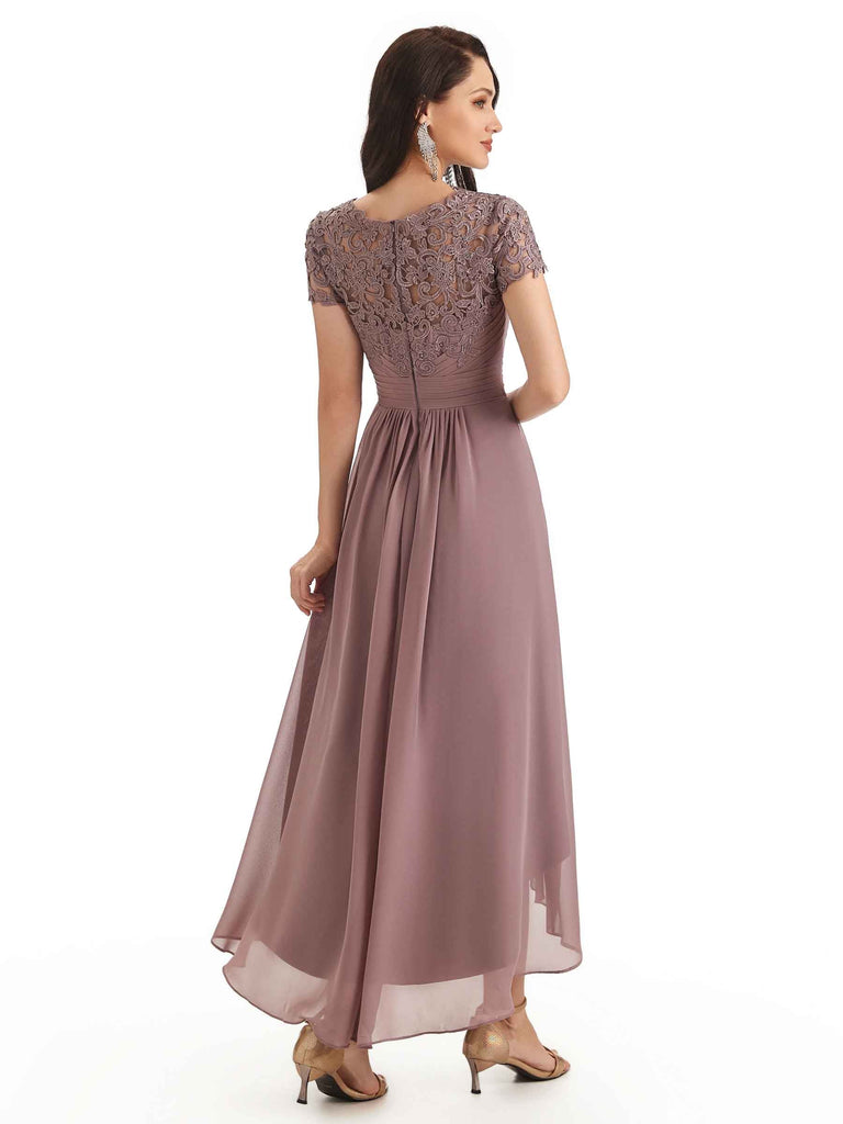 Elegant A-line Chiffon Lace Jewel Short Sleeves High Low Mother Of The Bride Dresses