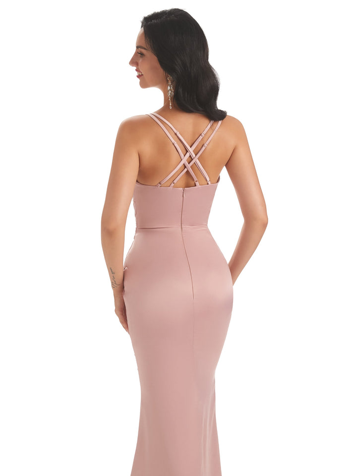 Ladies Spaghetti Straps Ruched Satin Twisted Knot Mermaid Sexy Long Formal Evening Dress