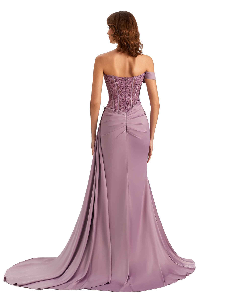 Sexy One Shoulder Lace Side Slit Mermaid Silky Satin Unique Long Bridesmaid Dresses For Wedding